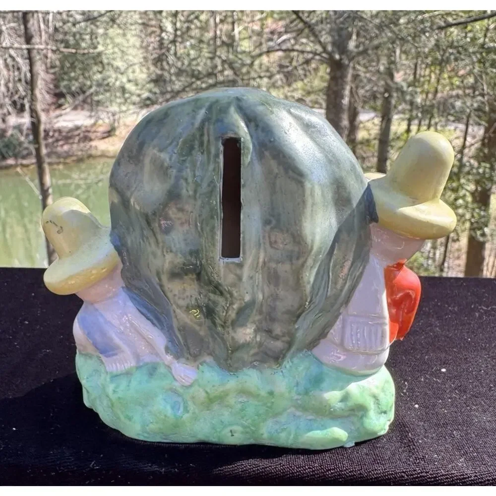 Vintage Ceramic Cactus Coin Bank with Coin Slot, Two Sombrero Figures TO15